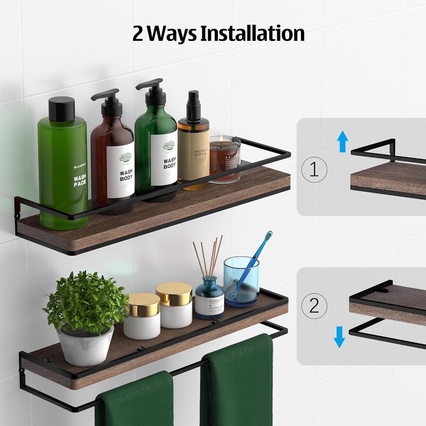Meangood Floating Shelves Wall Mounted Set of 2, Rustic Wood Wall Storage Shelves for