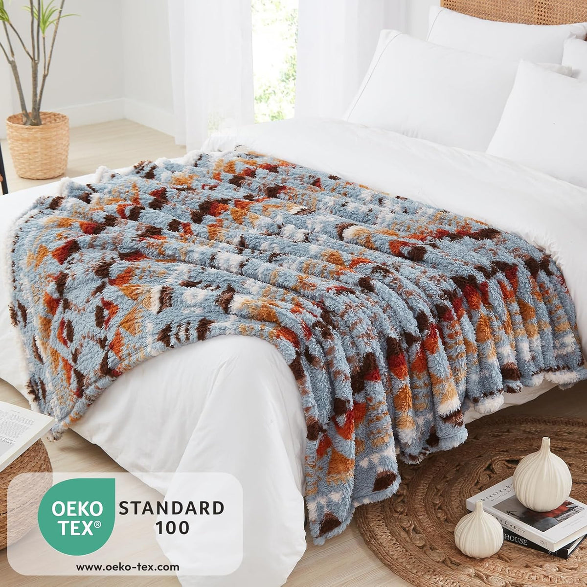 CASAAGUSTO Boho Sherpa Throw Blanket, Aztec Queen Blanket, Ultra Soft, Warm, Cozy, Plush, Thick