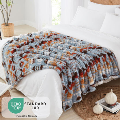 CASAAGUSTO Boho Sherpa Blanket,Teal Aztec Twin Blanket, Ultra Soft, Warm, Cozy, Plush, Thick Fleece
