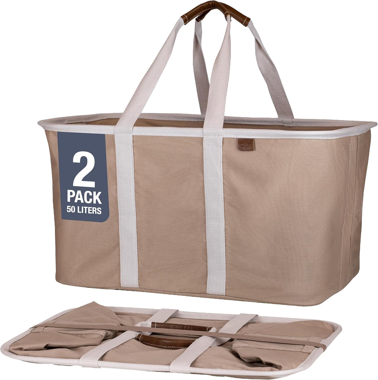 CleverMade Collapsible Laundry Tote - LUXE Mocha 2-Pack 50L - Foldable Storage Organization