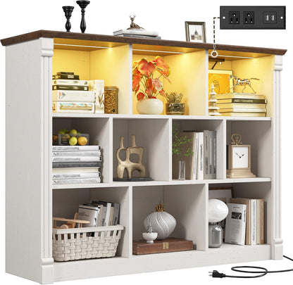 EnHomee 10 Cube Storage Organizer with LED Light and Charging Station Wood Cube Shelf White