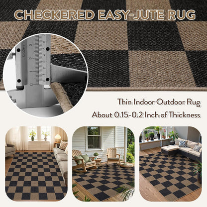 Lahome Checkered Easy Jute Living Room Rugs, 5x7 Black Dining Room Office Rug Farmhouse Washable
