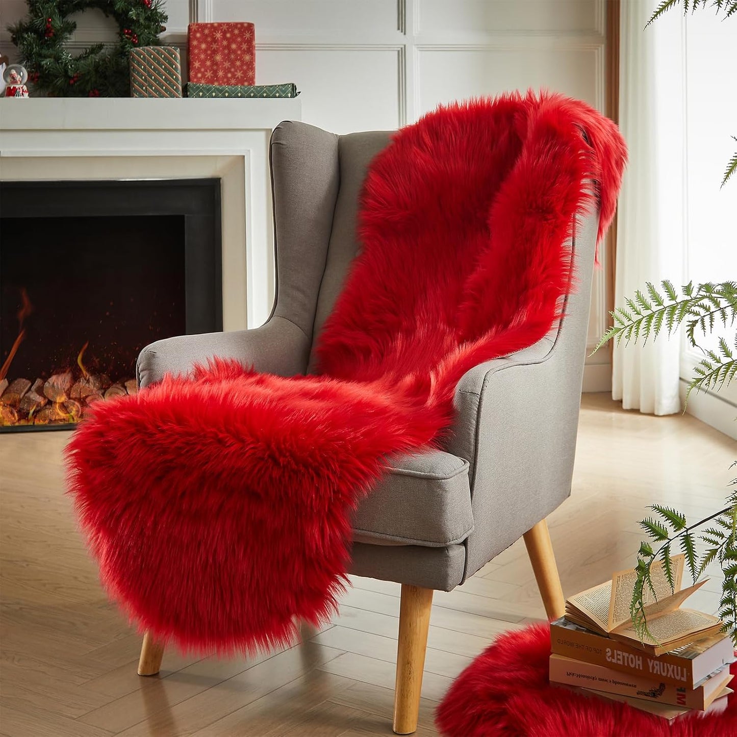 AMTOVO Faux Sheepskin Rug, Red Ultra Soft Fluffy Shag Area Rug, 2 x 6 ft Faux Fur Rug for Bedroom