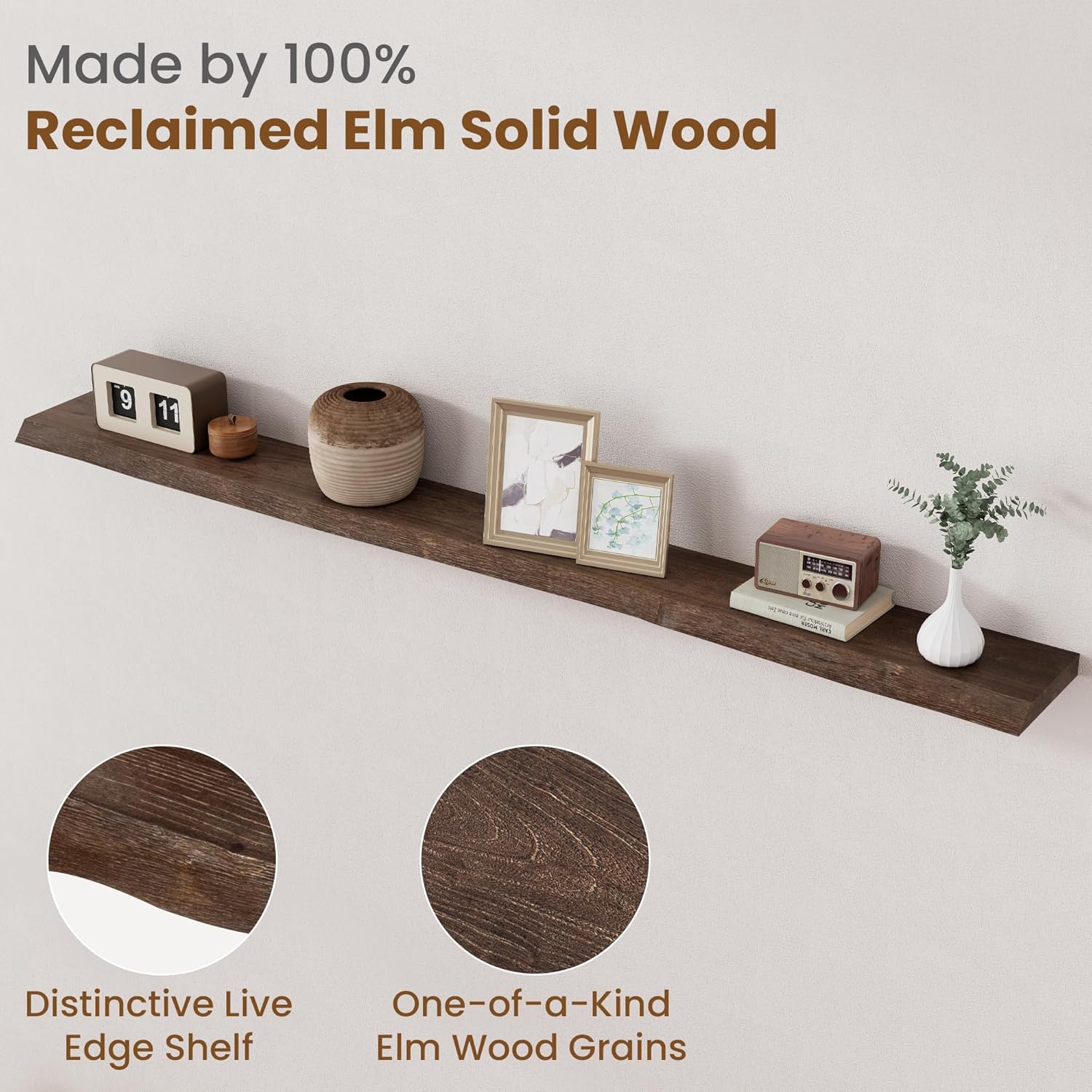 Floating Shelves for Wall Decor, Rustic Solid Elm Wood Floating Shelves Wall Mounted, Wall Shelves