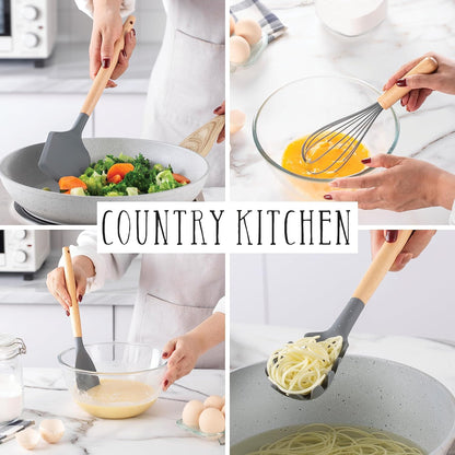 Country Kitchen Non Stick Silicone Utensil Set with Rounded Wood Handles for Cooking and Baking, 14