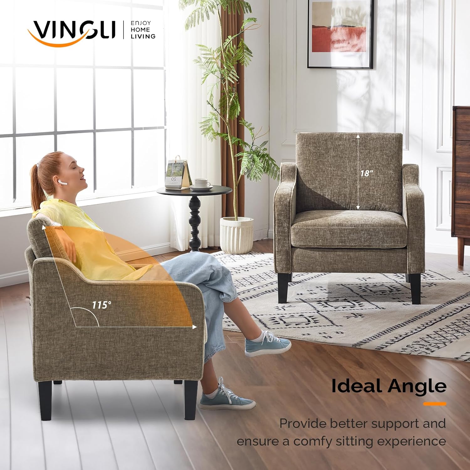 VINGLI Accent Chair for Living Room Chairs Light Brown Reading Chair for Bedroom Scooped Arm Chair