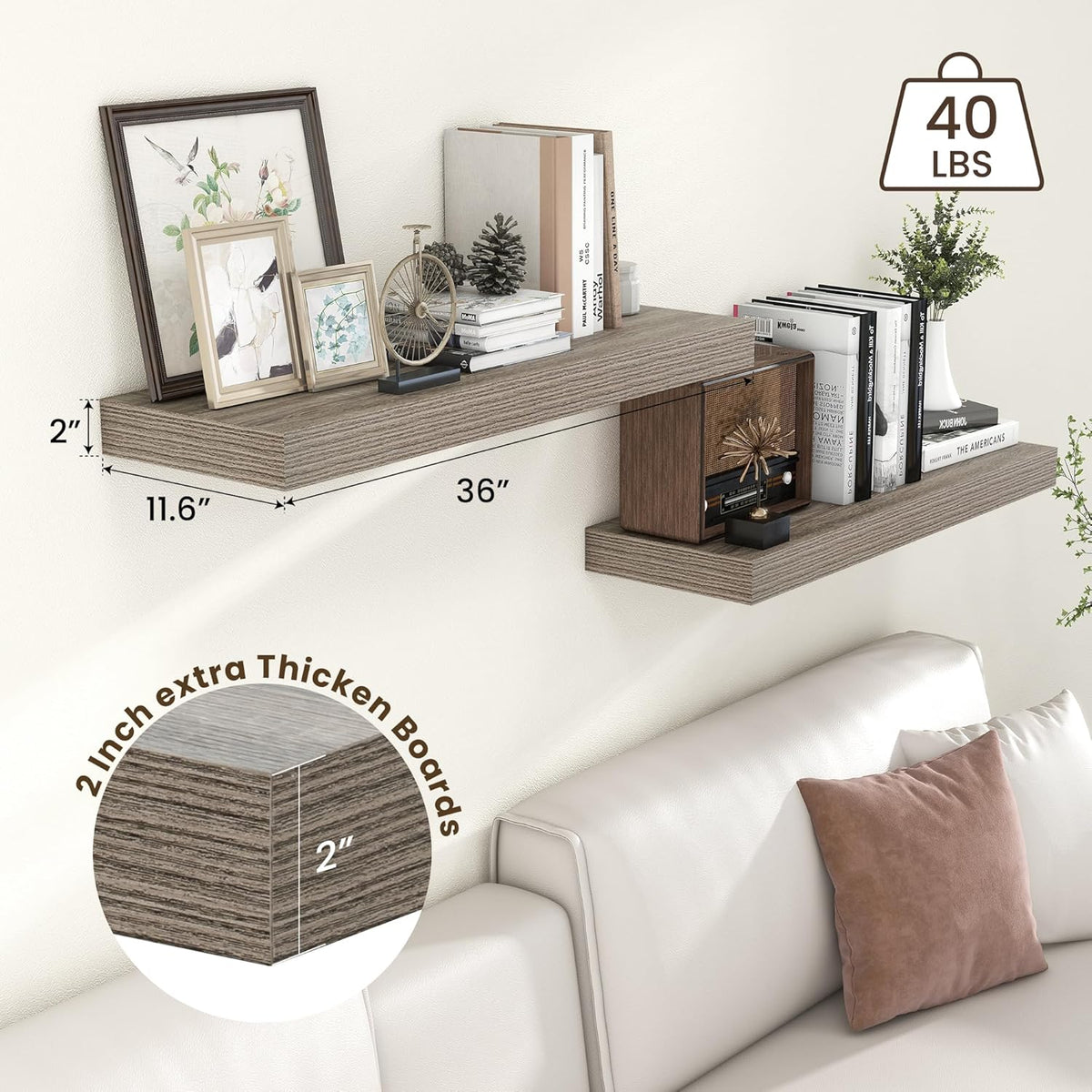 Deep Floating Shelves for Wall, 36W x 12D Rustic Large Floating Shelves Set of 2, 12'' Deep Grey
