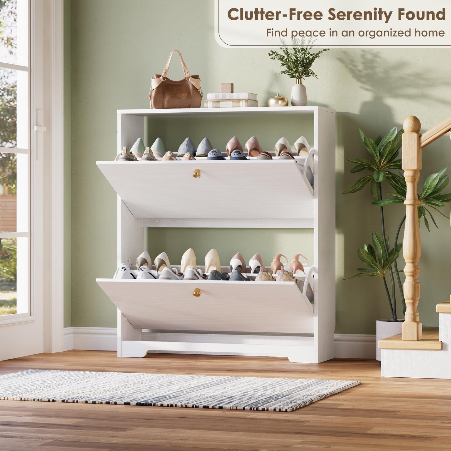 Nicetree Shoe Cabinet with 2 Flip Drawers, Narrow Shoe Organizer Cabinet, Freestanding Shoe Rack