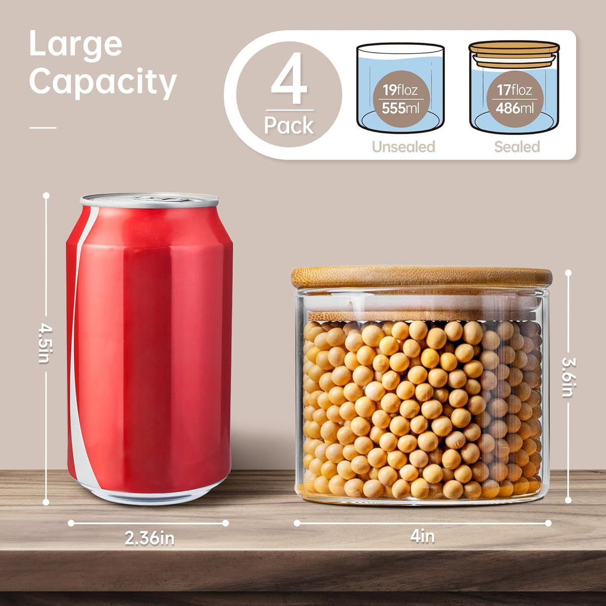17oz - 4 Pack Glass Jars with Bamboo Lids, Glass Food Storage Containers with Airtight Lids, Air
