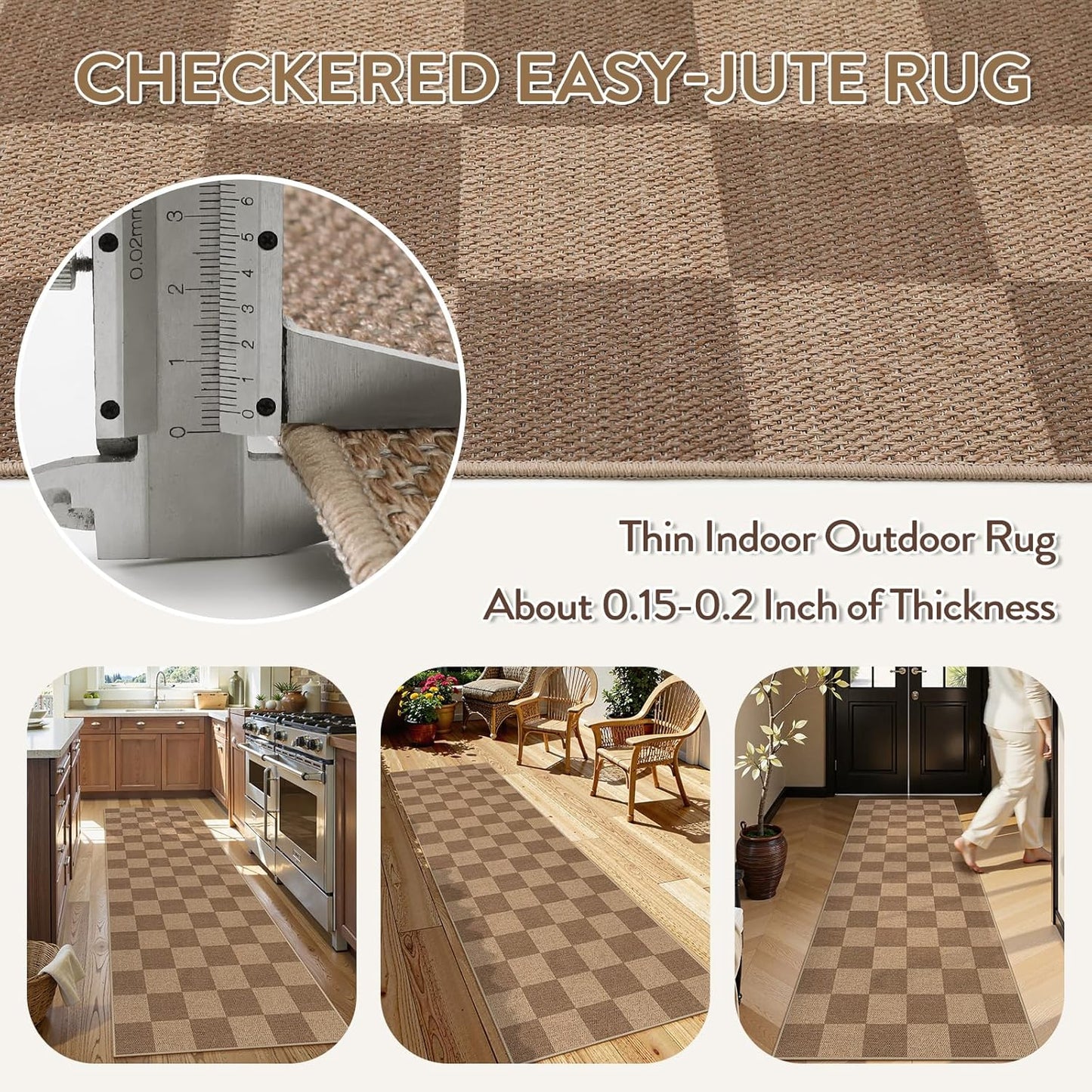 Lahome Checkered Easy Jute Kitchen Runner, 2x8 Washable Indoor Outdoor Runner Rug, Checkerboard Non