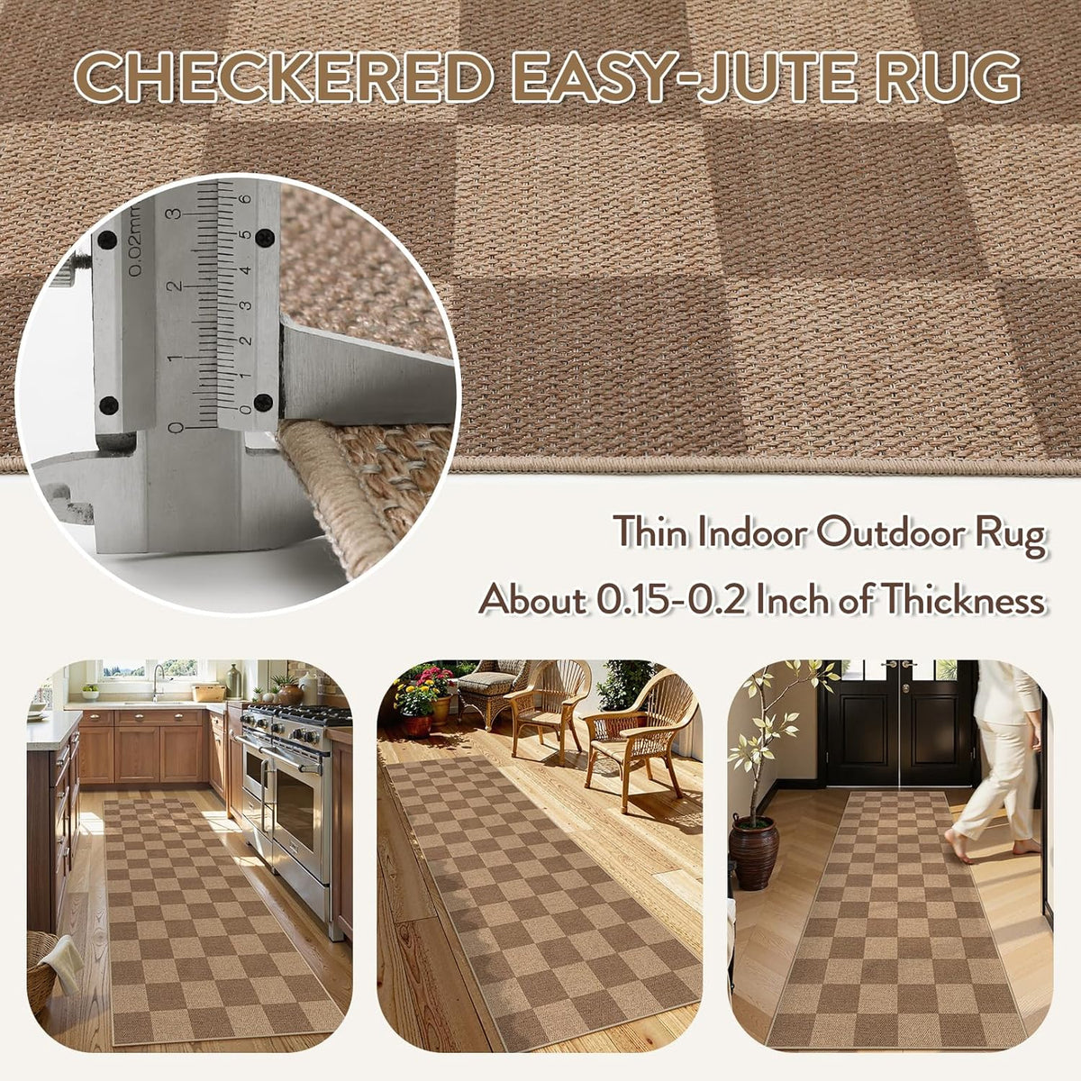 Lahome Checkered Easy Jute Kitchen Runner, 2x8 Washable Indoor Outdoor Runner Rug, Checkerboard Non