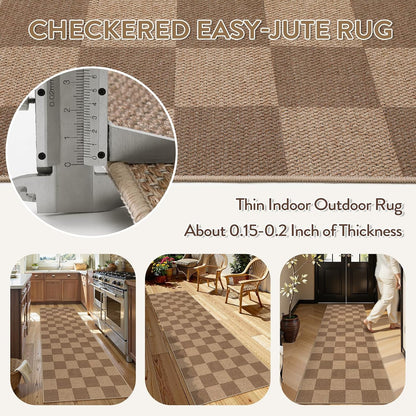 Lahome Checkered Easy Jute Kitchen Runner, 2x8 Washable Indoor Outdoor Runner Rug, Checkerboard Non