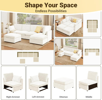 Tbfit U Shaped Couch, Sectional Sofa for Living Room,Chenille Cloud Couch with Ottoman 6 Seat, Beige
