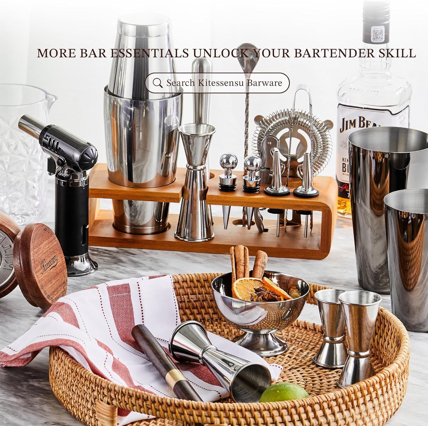 KITESSENSU Cocktail Shaker Set Bartender Kit with Stand - Drink Mixer Bar Set with All Essential