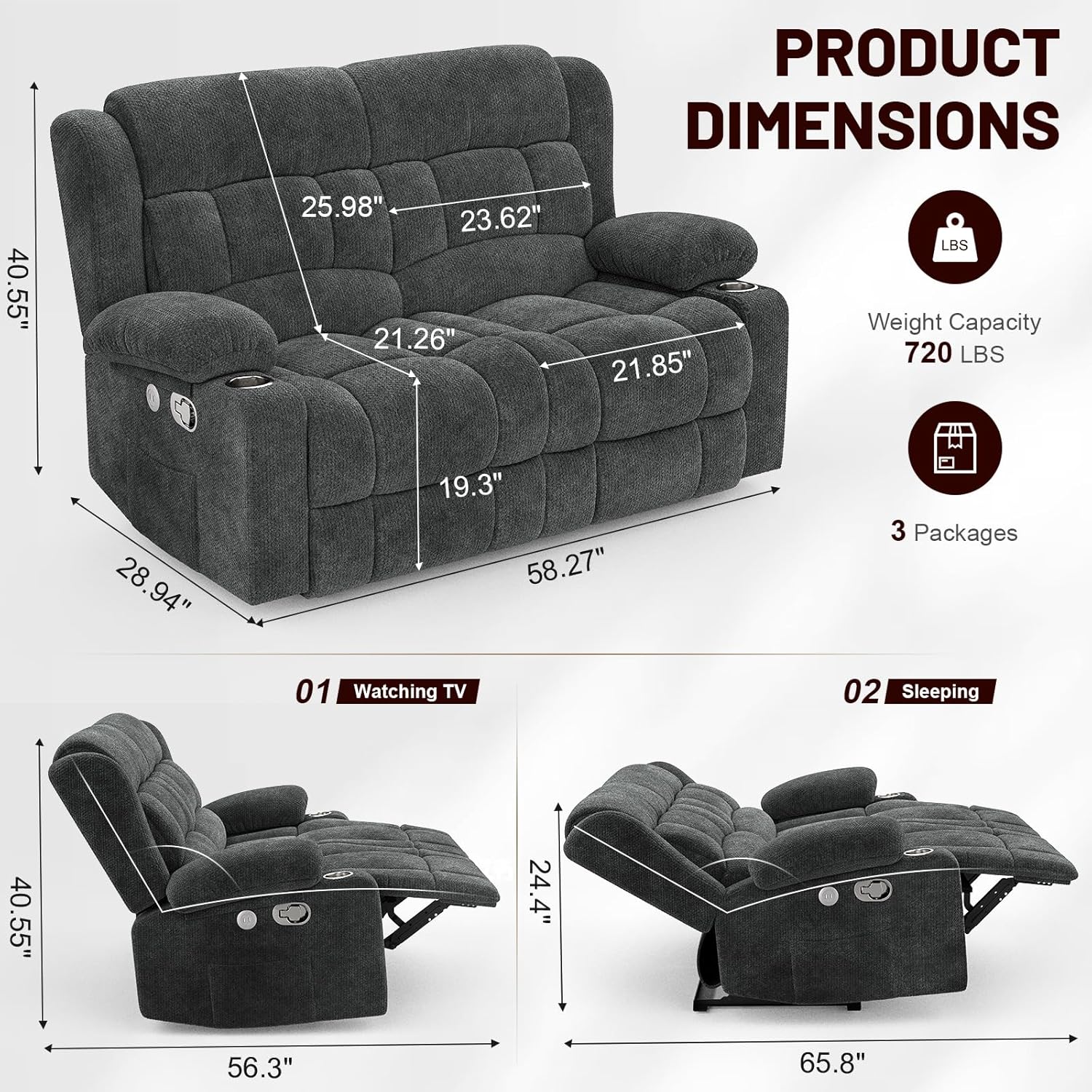 Loveseat Recliner Sofa Set with 2+1 Pieces, 2 Seater Minimalist Style Fabric Manual Pull Tab