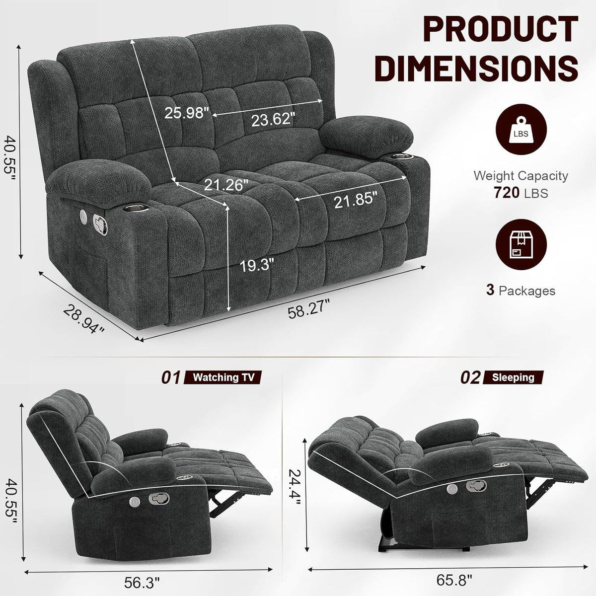Loveseat Recliner Sofa, 2 Seater Minimalist Style Fabric Manual Pull Tab Reclining Loveseat with