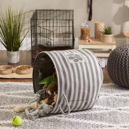 Bone Dry Pet Storage Collection Striped Paw Patch Bin, Large Round, Gray
