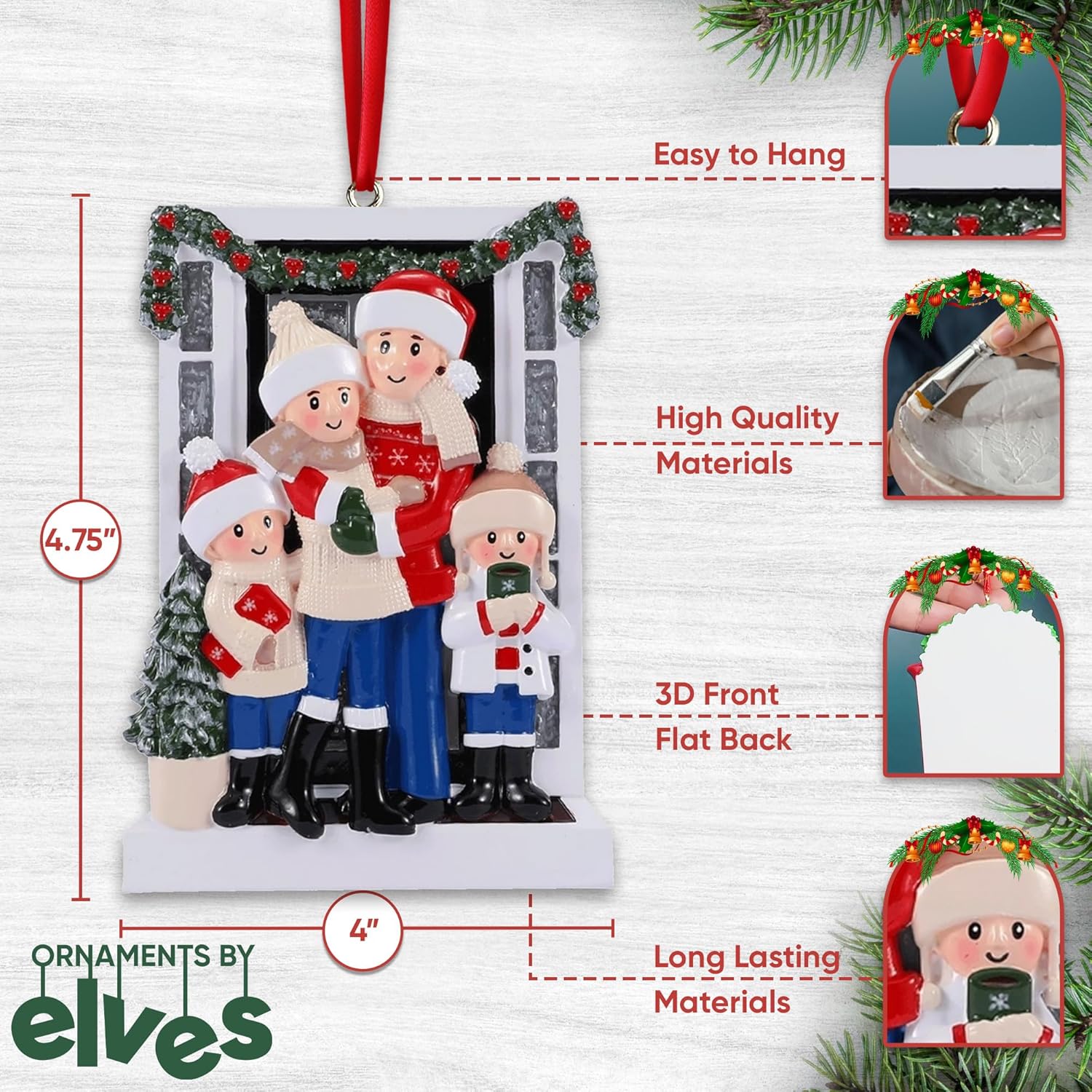 Personalized Family Christmas Ornaments 2025 | Custom Name & Year | 4 Person Cozy Winter Scene with