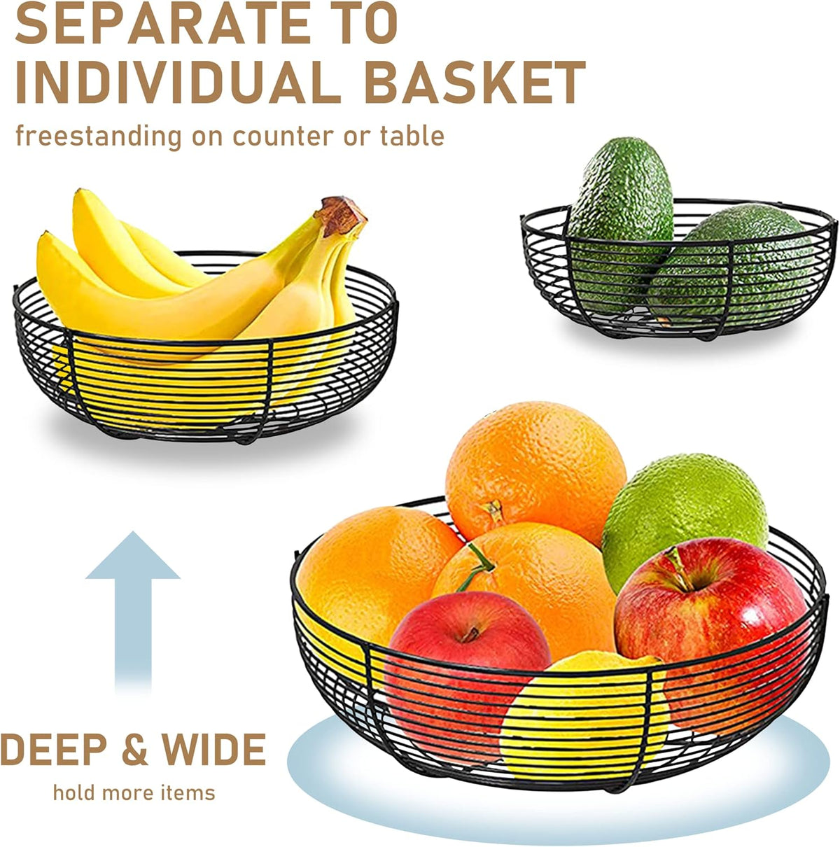 CAXXA 3-Tier Hanging Basket Fruit Organizer Kitchen Heavy Duty Wire Organizer with 2 Free Bonus