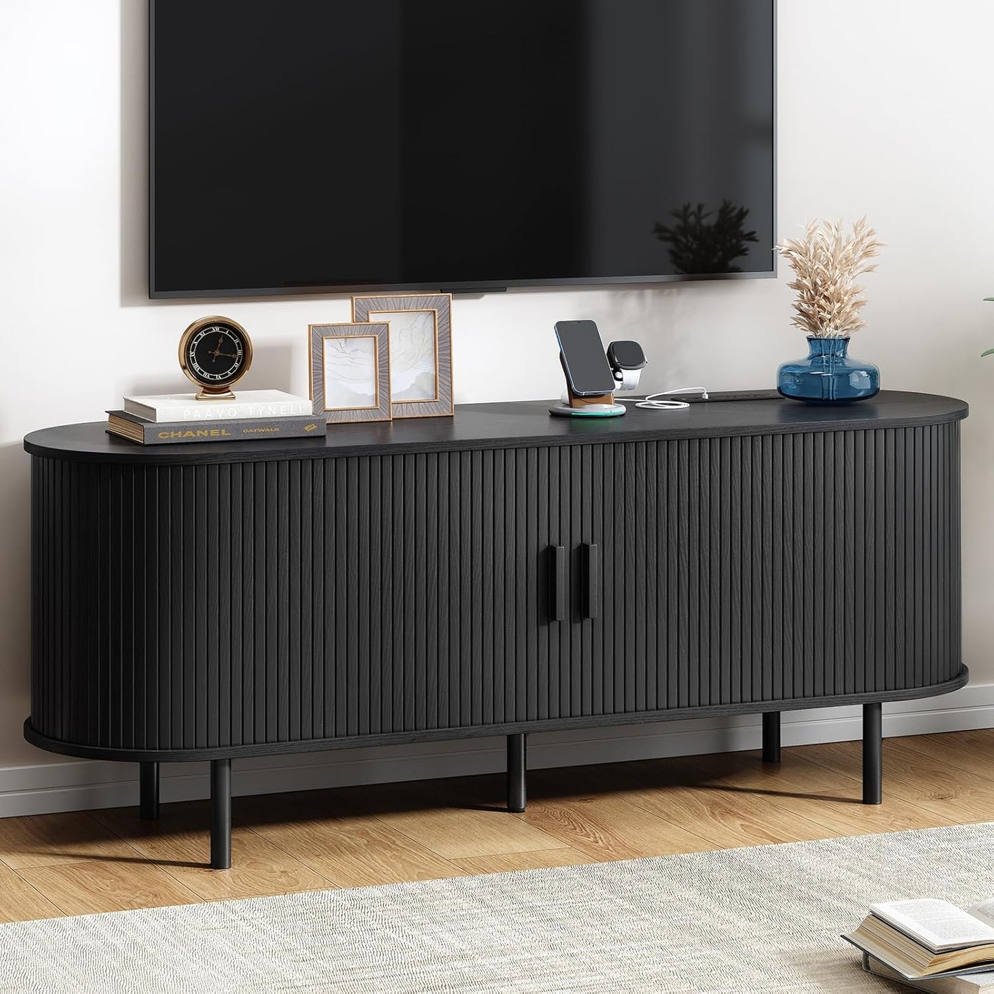 55" TV Stand with Power Outlet, Modern Media Console with Sliding Doors, Entertainment Center for