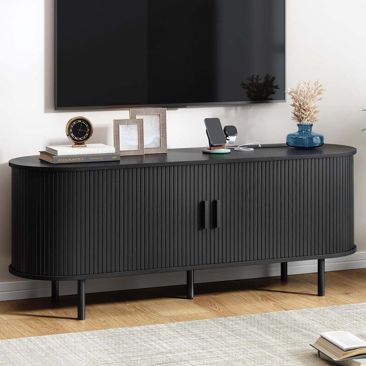 55" TV Stand with Power Outlet, Modern Media Console with Sliding Doors, Entertainment Center for