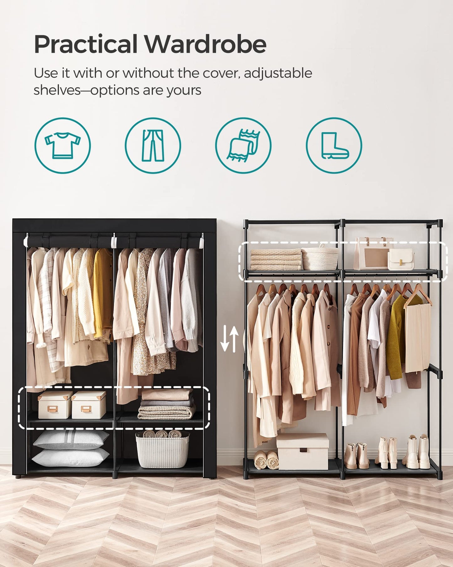 SONGMICS Closet Wardrobe, Portable Closet for Bedroom, Clothes Rail with Non-Woven Fabric Cover