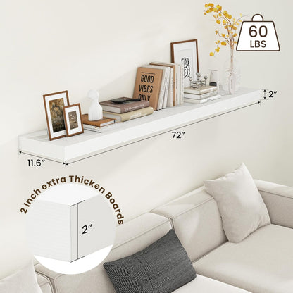 White Floating Shelves for Wall - 72 Inch Wide x 12 Inch Deep Wall Shelves Set of 1 - Rustic White