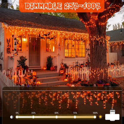 JMEXSUSS Orange Halloween Lights Outdoor, 38.8 FT 400 LED Orange Icicle Lights Outdoor Waterproof