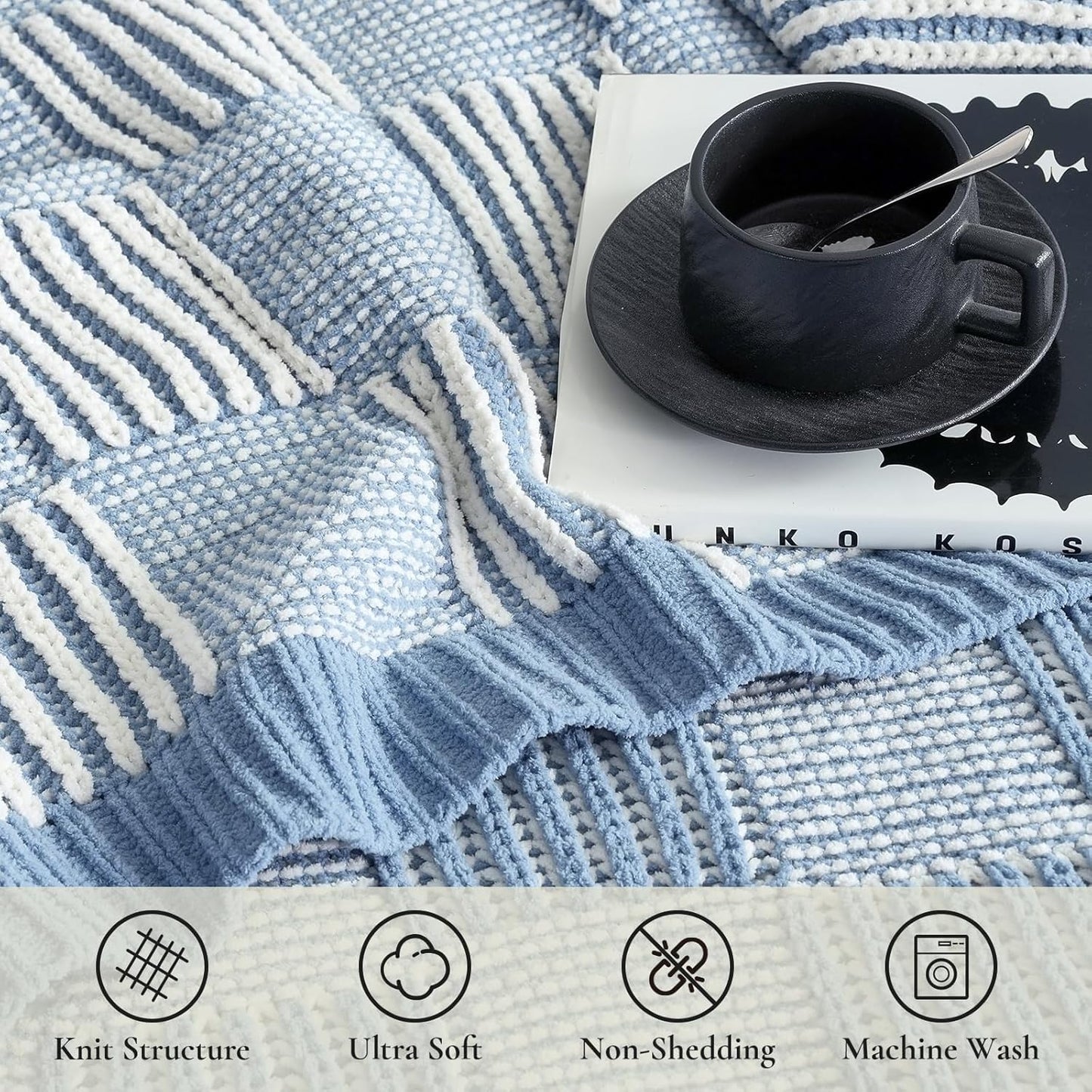 Amélie Home Chenille Knit Throw Blanket for Couch, Checkered Texture Decorative Soft Blanket for