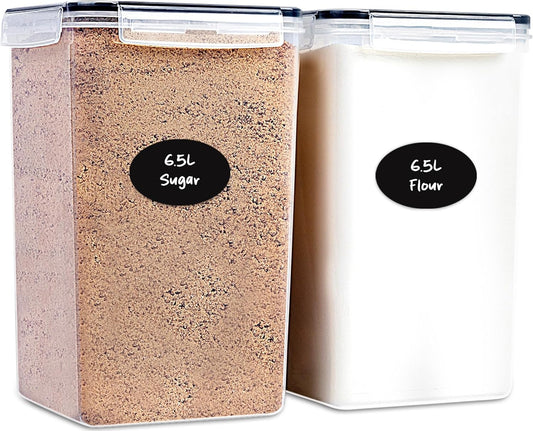 Extra Large Flour and Sugar Storage Containers 6.5L - 220 Fl. Oz 2 Pc Plastic Bulk Airtight Food