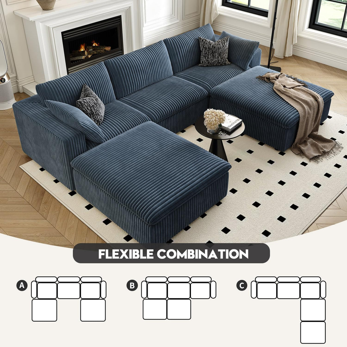118" Cloud Couch Modular Sectional Sofa for Living Room,Modern Sofa with Deep Seat，U-Shape Boneless
