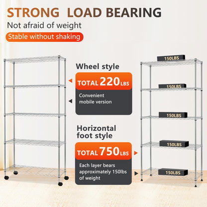 FDW | 5-Tier Wire Storage Shelves with Wheels | 30"x14"x61" | Chrome | Adjustable Racks |