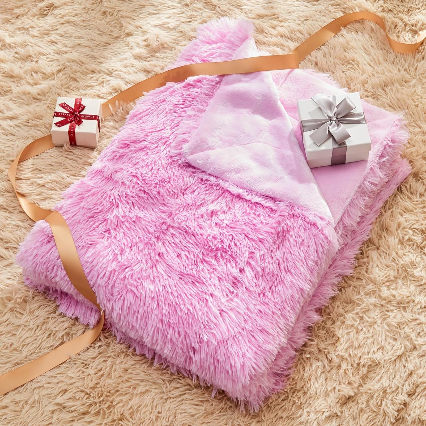 GONAAP Fuzzy Faux Fur Throw Blanket Twin Size Light Pink Super Soft Cozy Plush Fuzzy Shaggy Blanket
