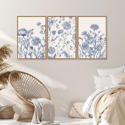 Tinonedraw Large Classic Chinoiserie Flower Framed Canvas Wall Art Set, Navy Blue and White Floral