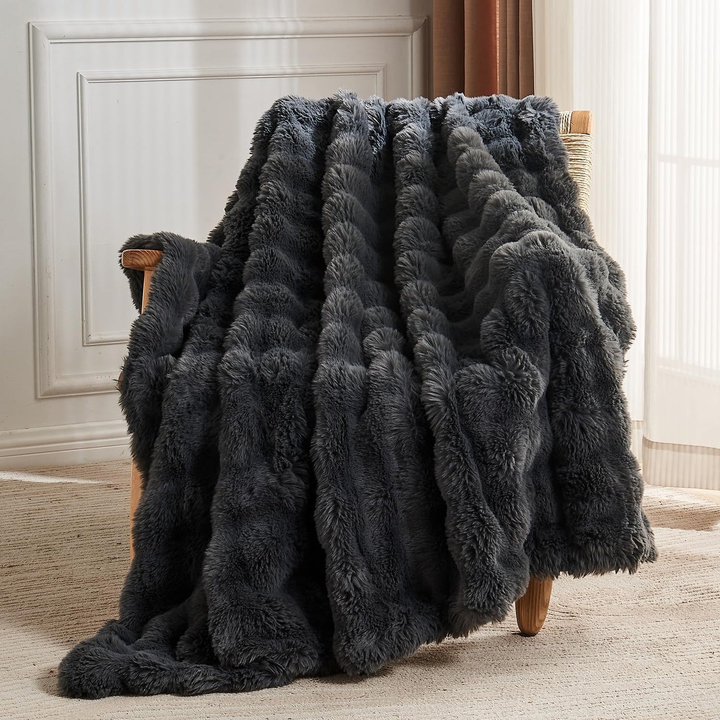 Lotus Karen Faux Fur Blanket Dark Gray Twin Size - Big Bubble Rabbit Fluff Throws for Couch Small
