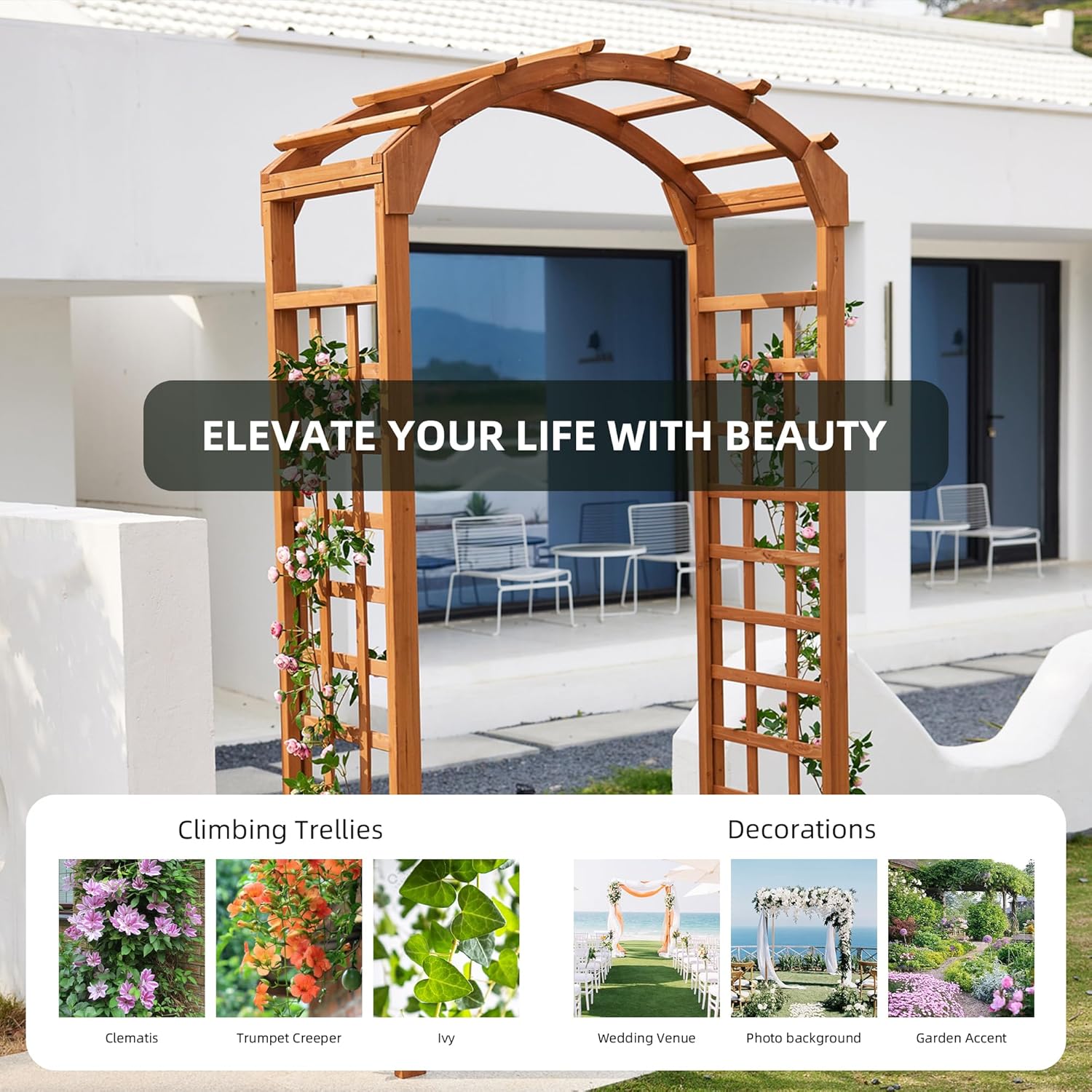 Solid Fir Wooden Garden Arch Premium Outdoor Trellis for Climbing Plants, 84.5”H×49.37”W×23.5’’D