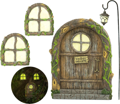 Fairy Door and Windows – Glow in The Dark Yard Art Sculpture Decoration for Kids Room, Wall and