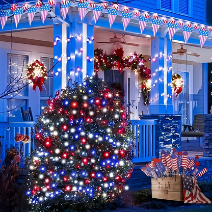 EEW 2 Pack 200 LED Red White and Blue Solar String Lights Outdoor Waterproof, Solar Powered LED