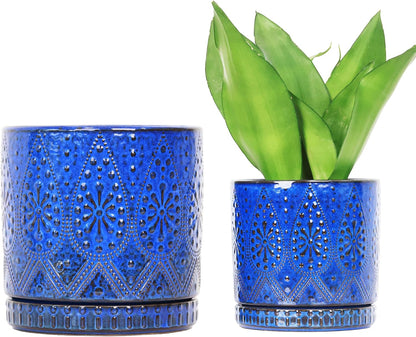 8 Inch + 6 Inch Indoor Plant Pot with Drainage Holes and Saucers, Ceramic Planter for Plants