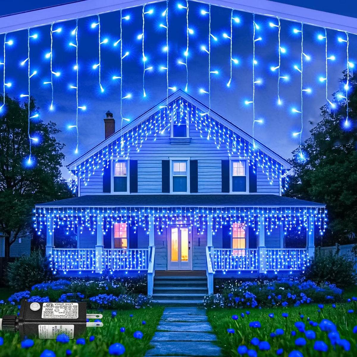 99ft Blue Christmas Lights Outdoor, 1216 LED Icicle Lights for Outside House with Clear Wire 8