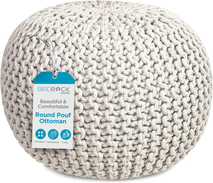 BIRDROCK HOME Round Pouf Ottoman | Cotton Braided Foot Stool with Bean Bag Filling | Boho Foot Rest