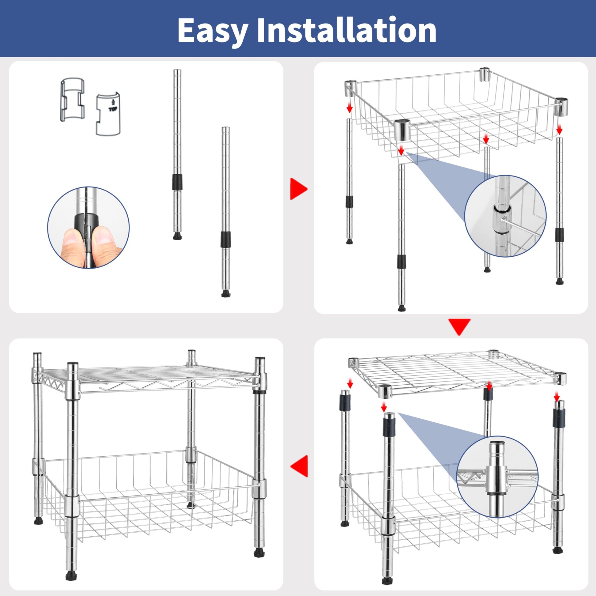 YSSOA 2-Tier Shelving Unit, 15" W x 13.8" D x 15" H Wire Metal Stackable Storage with Basket