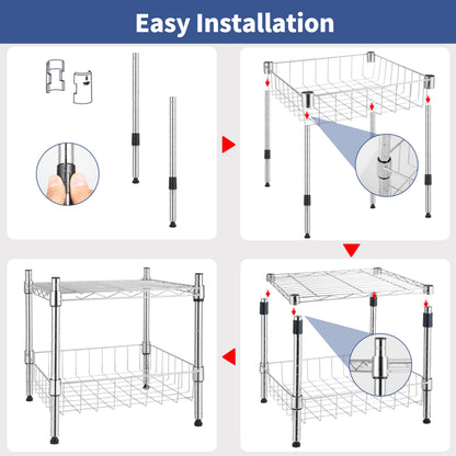 YSSOA 2-Tier Shelving Unit, 15" W x 13.8" D x 15" H Wire Metal Stackable Storage with Basket