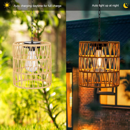 Livinlarge Solar Chandelier Lantern,Outdoor Rattan Pendant Lights,Waterproof Boho Hanging Lamps