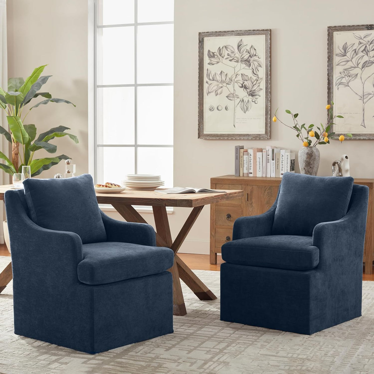 VKNOW Upholstered Dining Chairs Set of 2, Modern Kitchen Chairs Dinner Chairs with 4 Casters, Linen