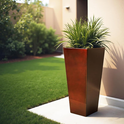 WORTH Garden 28" Large Metal Glazed Planter Set of 2, Luxurious Glossy Finish Red Tall Square