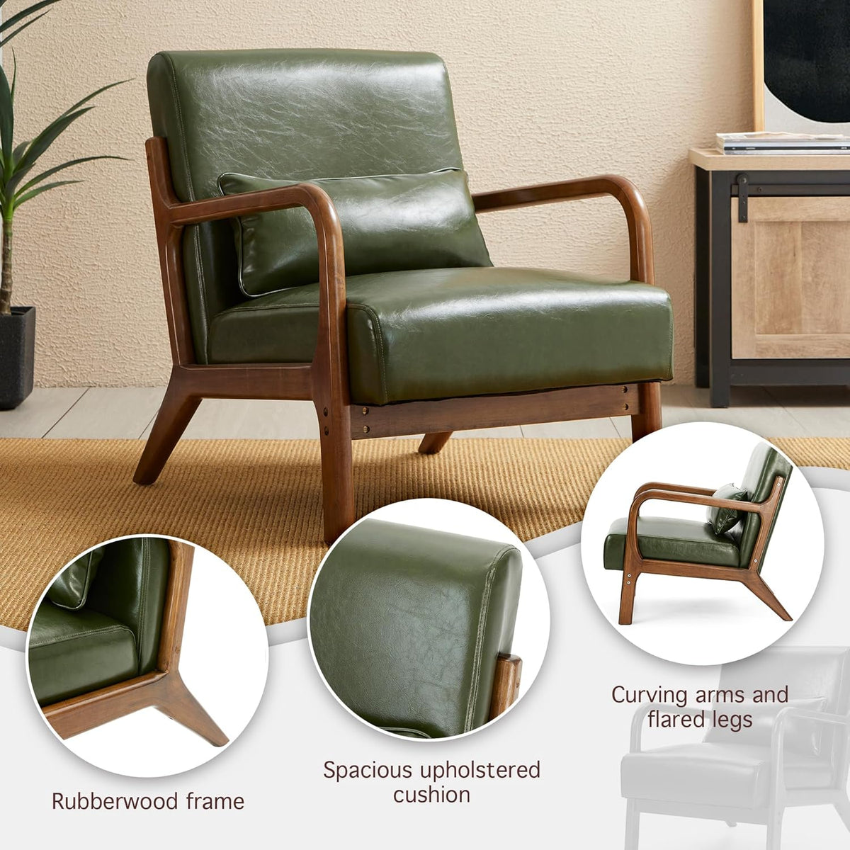 Glitzhome 2 Set Mid Century Hunter Green Accent Armchair, Single Reading Armchair PU Leather Lounge