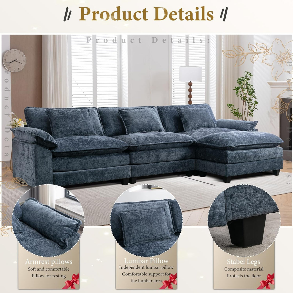 URRED Modular Sectional Sofa Comfy Cloud Couch, Modern Chenille Sofa Sleeper Deep Seat Couches with