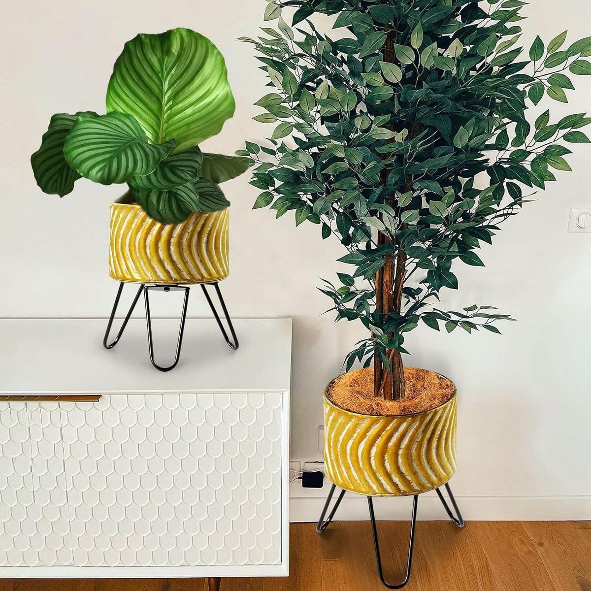 Harvest Land Plant Pots with Stand, Set of 2 Large Modern Planters Metal Tall Handmade Flower Pots