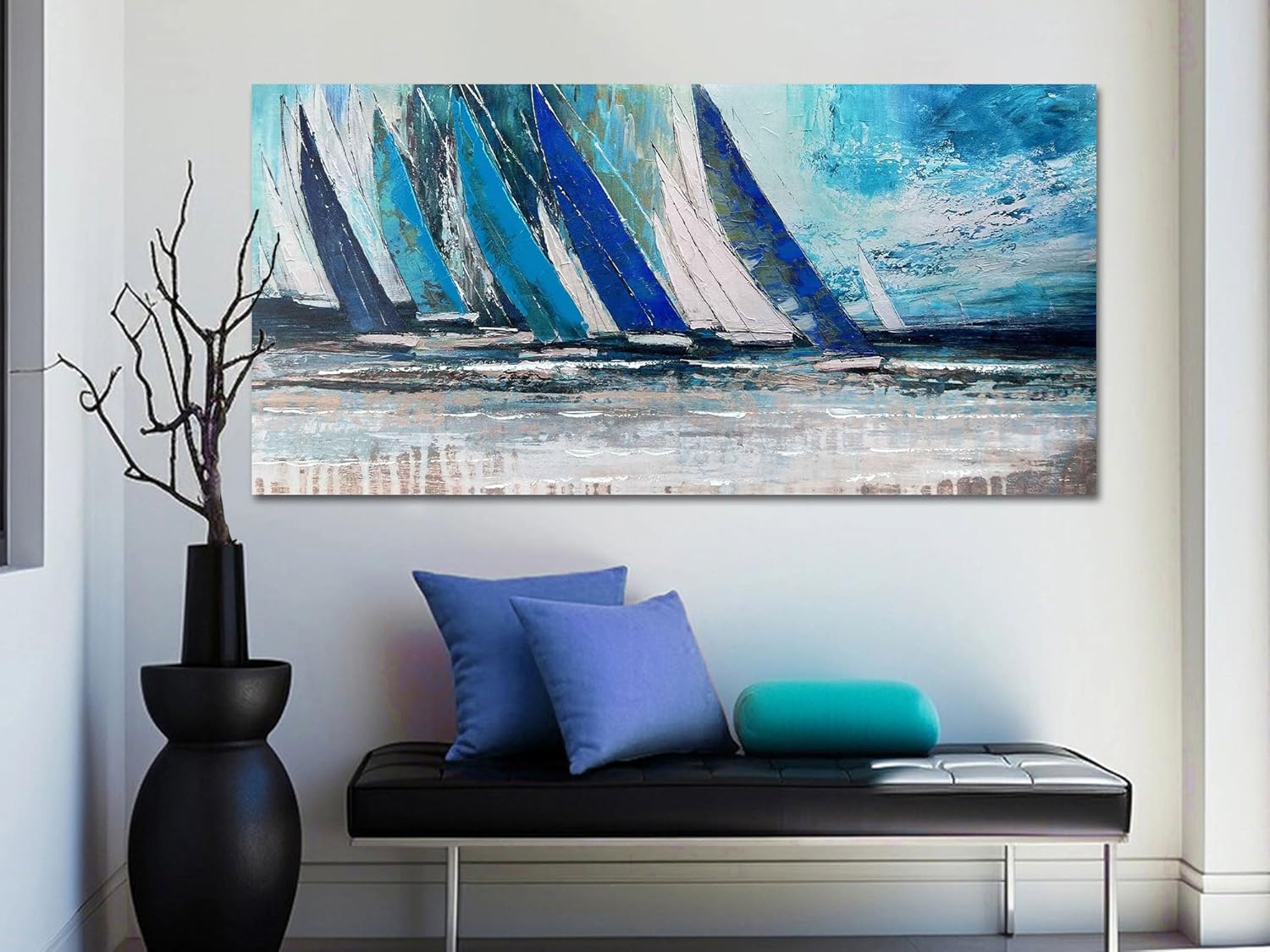 Arjun Blue Abstract Wall Art Canvas Teal Ocean Sailboat Picture Modern Turquoise Coastal Nautical